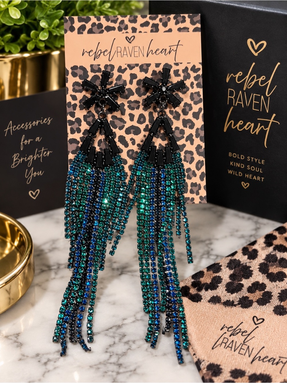 Rebel Raven Heart Black Teal Rhinestone Tassel Earrings